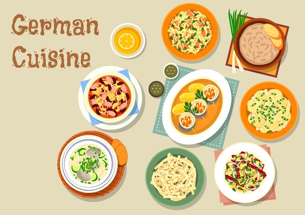 German cuisine bavarian dishes icon of pork and sauerkraut salad, vegetable sausage salad, fish soup, potato salad, herring roll, sauerkraut bean stew with frankfurter, cheese fruit salad