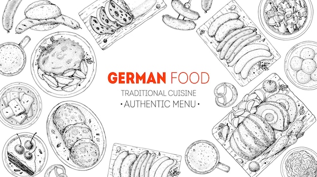 Vector german food menu sketches design template hand drawn vector illustration german cuisine black and white engraved style hand drawn food sketch illustration