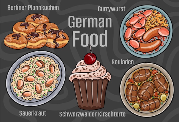 Vector german food a set of classic dishes cartoon hand drawn illustration