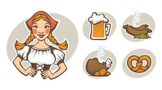 Vector german girl and collection of traditional german food for your oktoberfest menu