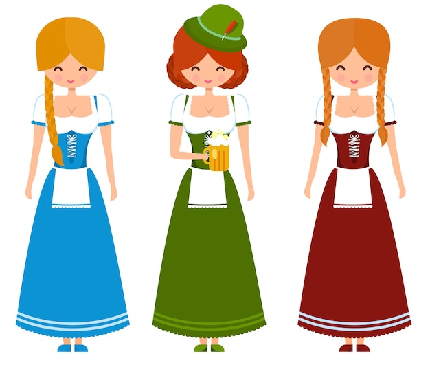 ベクトル ビールと旗と伝統的なバイエルンのドレスを着たドイツの女の子。オクトーバーフェストかわいいベクターキャラクターイラスト。
