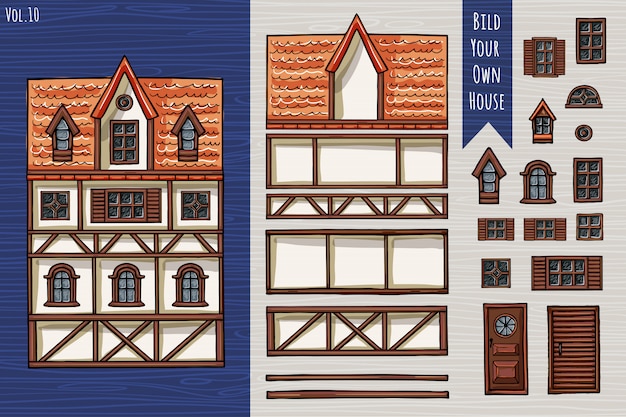 독일 주택, 요소, 항목 집합, 지붕, 창문, 문 모음. Fahverk 건축술 귀여운 스타일. 손으로 그린.