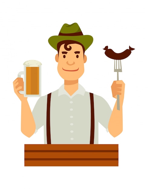 フォークとビールにソーセージと緑の帽子のドイツ人
