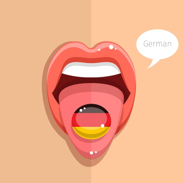 독일어 개념. 독일어 플래그, 여자 얼굴로 독일어 혀 오픈 입. 평면 디자인 일러스트입니다.