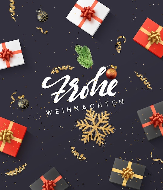 독일어 텍스트 Frohe Weihnachten. 크리스마스 구성. 선물 상자, 금 온페티, 황금 눈송이 및 공, 크리스마스 트리 가지. 벡터 일러스트 레이 션