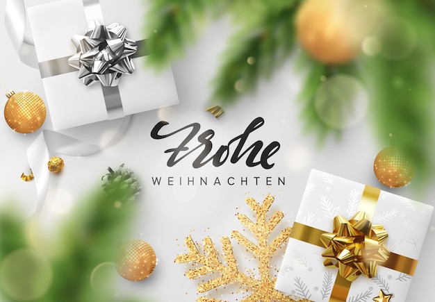 ドイツ語のテキスト Frohe Weihnachten。クリスマスと新年の背景。装飾のリアルなギフト ボックス、緑の松の枝、金のボール、キラキラと見掛け倒しの装飾的な雪の結晶。クリスマス安物の宝石。休日のデザイン