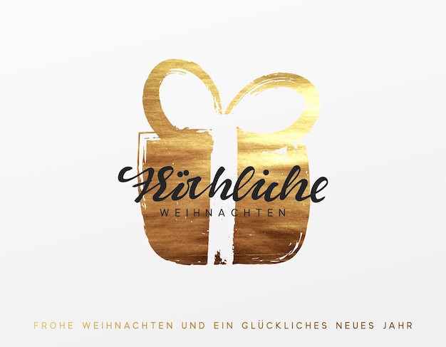 Vector german text frohliche weihnachten. gold christmas greeting card, golden xmas surprise gift box.