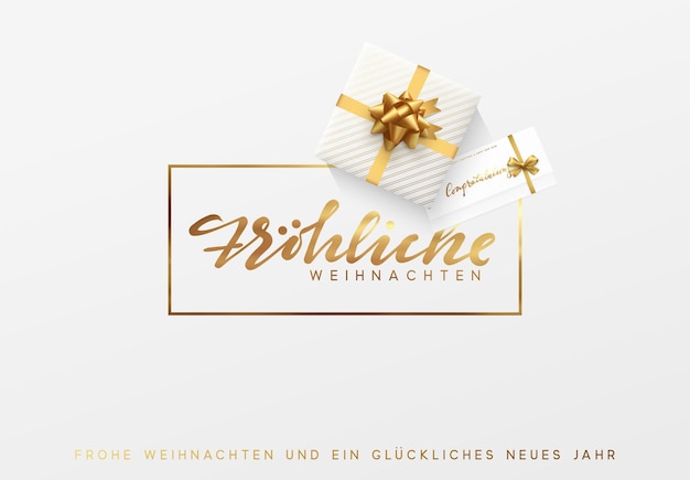 German text frohliche weihnachten. merry christmas gold lettering in a frame background.