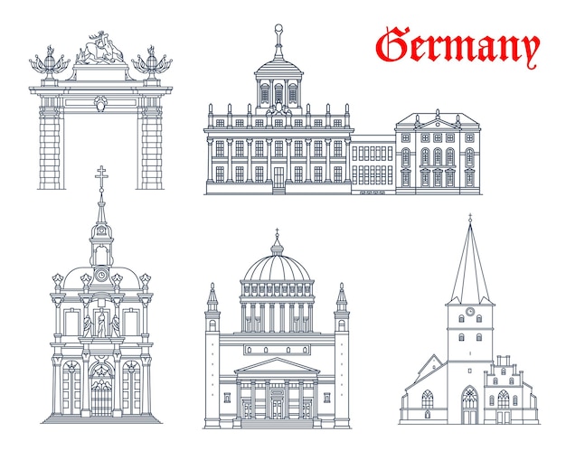 Germany architecture, Potsdam and Bonn travel landmark vector buildings. Germany St Remigius church in Bonn, Nikolaikirche or Saint Nikolai cathedral, Potsdam Altes Rathaus and Kreuzbergkirche