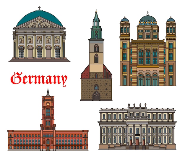 Germania, edifici di architettura di berlino e punti di riferimento di viaggio, vettore. la storica tedesca st mary church, la cattedrale di santa edvige e il red city hall, il palazzo del principe ereditario e la nuova sinagoga di berlino, germania