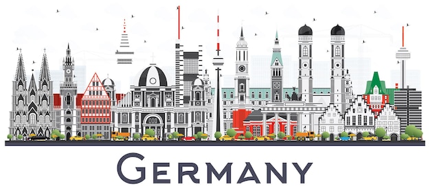 Горизонты города германии с серыми зданиями, изолированными на белом фоне. векторные иллюстрации. деловые поездки и концепция туризма с исторической архитектурой. городской пейзаж германии с достопримечательностями.