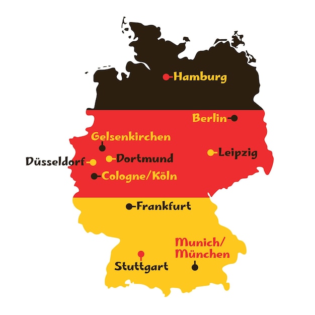 Vector germany country map with euro championship 2024 host cities european football tournament stadiums