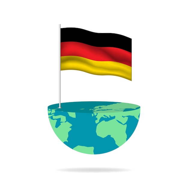 Germany flag pole on globe. Flag waving around the world. Easy editing and vector in groups.