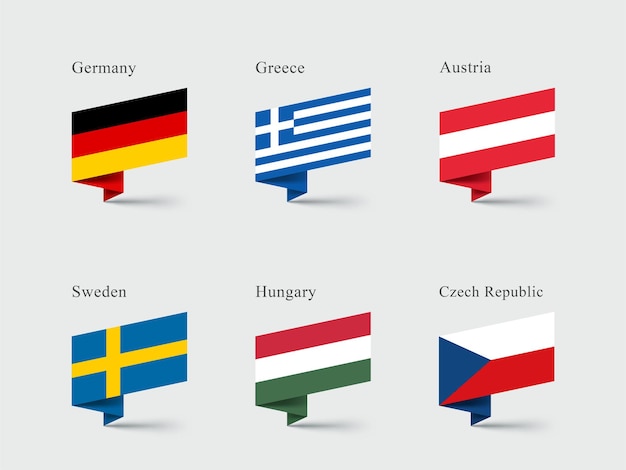 Vector germany greece austria flags 3d folded ribbon shapes