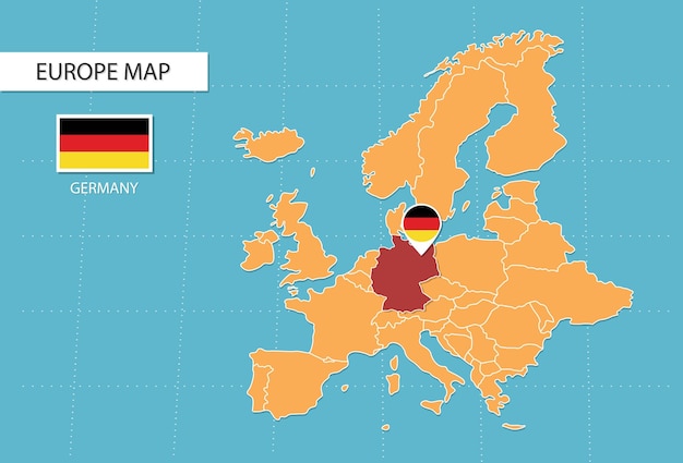 ヨーロッパのドイツ地図、ドイツの場所とフラグを示すアイコン。