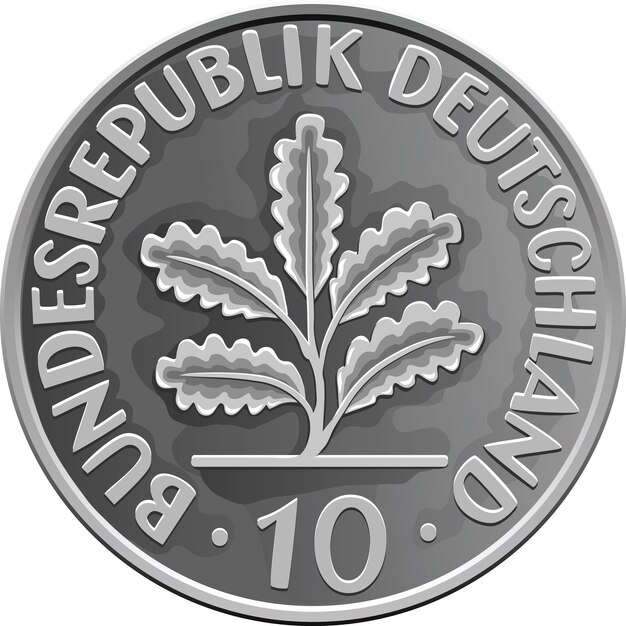 Germany Money Silver Coin Ten Pfennigs With Heraldic Oak Leaves Isolated On A White Background