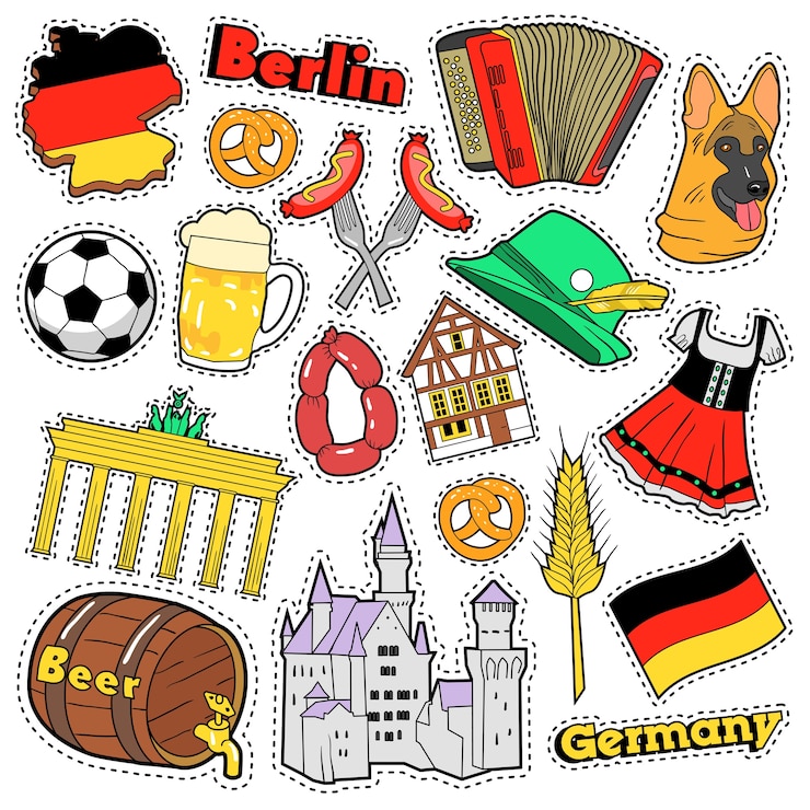 Vector germany travel scrapbook stickers, patches, badges for prints with sausage, flag, architecture and german elements. comic style  doodle