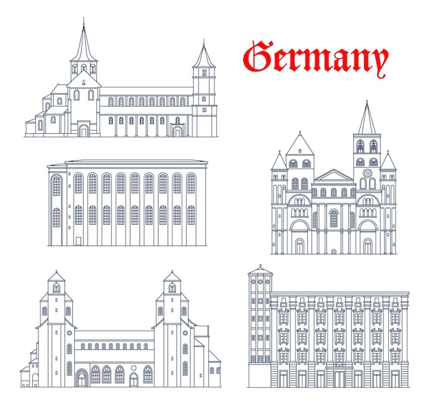 Vector germany vector architecture of trier, hildesheim and linz, travel landmark buildings. liebfrauenkirche and st godehard church in hildesheim, church of st. michael or michaeliskirche and trierer dom