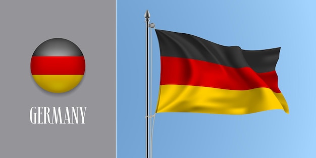 Germany waving flag on flagpole and round icon vector illustration. realistic 3d mockup with design of german flag and circle button