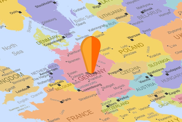 Germania con segnaposto arancione sulla mappa dell'europa, primo piano germania, concetto di vacanza, idea di viaggio