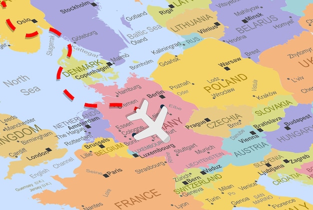 Germania con aereo e linea tratteggiata sulla mappa dell'europa, primo piano germania, concetto di vacanza, volo