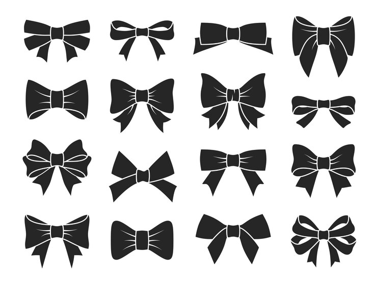 Vector geschenk boog pictogrammen. decoratieve zwarte strikken silhouetten, elegant lint voor verjaardagscadeau dozen verpakking. xmas fashion inwikkeling decoratie collectie vakantie vector plat geïsoleerd op een witte achtergrond set