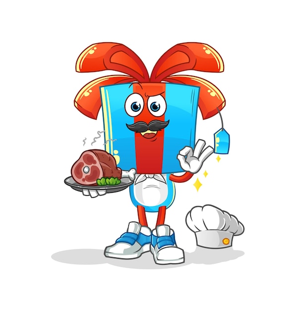 Geschenk hoofd cartoon chef-kok met vlees mascotte cartoon vector