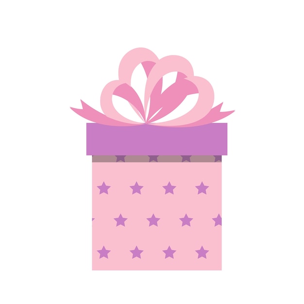 Geschenkdoos met sterren Roze verjaardagscadeau doos met paarse sterren en grote roze strik Witte geïsoleerde vector stock illustratie EPS 10