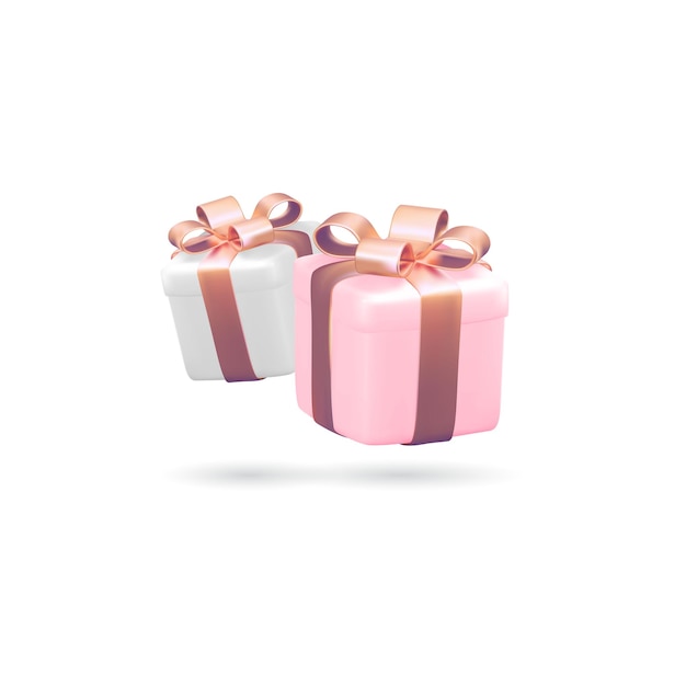 Geschenkdozen 3D presenteert verpakking in roze en wit met gouden linten geïsoleerd op witte achtergrond