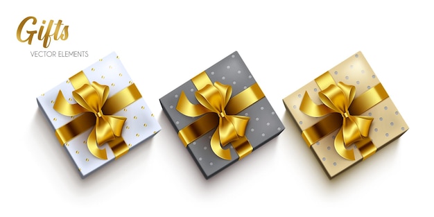 Geschenkdozen elementen vector set geschenkendoos met gouden elegante lint lasso-element