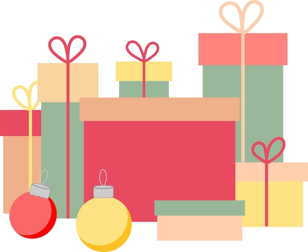 Vector geschenkdozen en kerstversieringen in een stapel nieuwjaarscadeautjes vectorillustratie