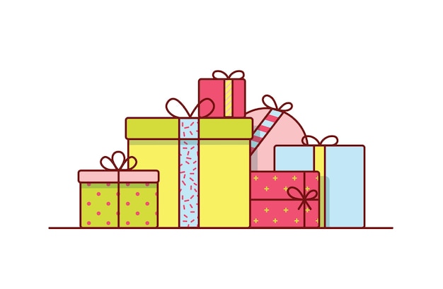 Geschenkdozen voor de feestdagen verpakt in felgekleurd papier en versierd met linten en strikken. Stapel ingepakte feestelijke cadeautjes geïsoleerd op een witte achtergrond. Kleurrijke vectorillustratie in lijn kunststijl