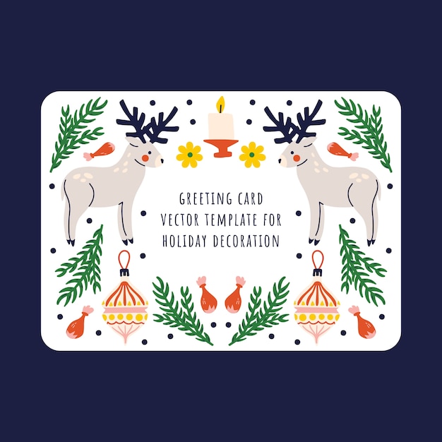 Geschenkenkaart met herten, kerstboom speelgoed, kaars en krijt decor op een witte achtergrond. winter ontwerp.