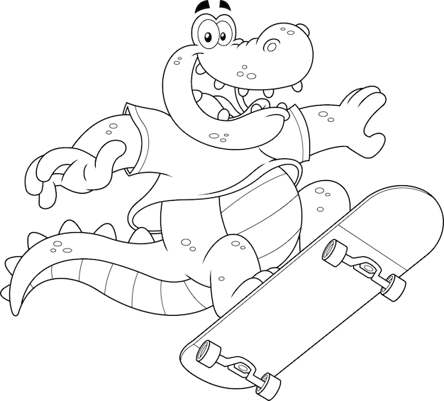 Geschetst gelukkig Alligator of krokodil stripfiguur springen met Skateboard