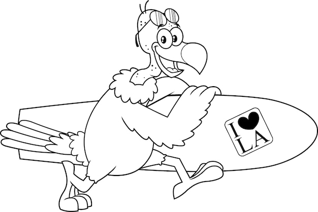 Geschetst gier vogel schattig stripfiguur uitgevoerd met een surfplank. Illustratie