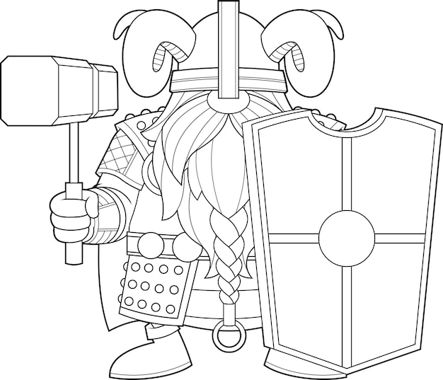 Geschetst gnome viking stripfiguur met hamer en schild. vector hand getekende illustratie