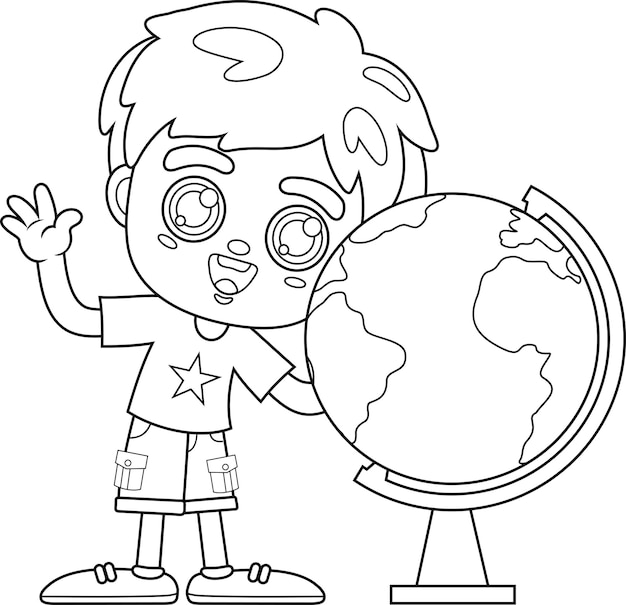 Geschetst Happy School Boy stripfiguur met de Globe Vector Hand getrokken illustratie