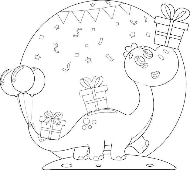 Geschetst schattig verjaardag dinosaurus stripfiguur draagt geschenkdozen vectorillustratie