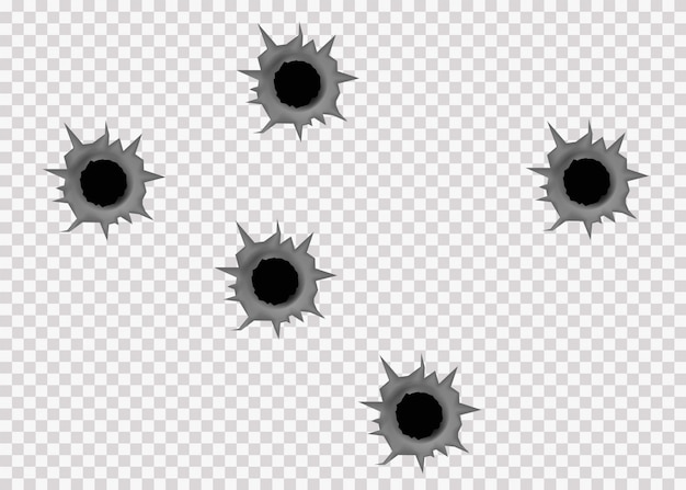 Vector gescheurd gat in de metalen plaat van kogels. realistische kogelgaten van een vuurwapen in een metalen plaat zijn geïsoleerd op transparante achtergrond.