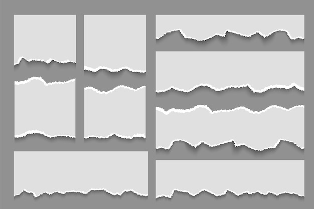 Gescheurde papieren notities Witte gescheurde stroken van notebook Smalle en brede rafelige kartonnen fragmenten Fragmenten van notebookpagina's met gebogen scheidingslijnen Decoratieve sjabloon vector set