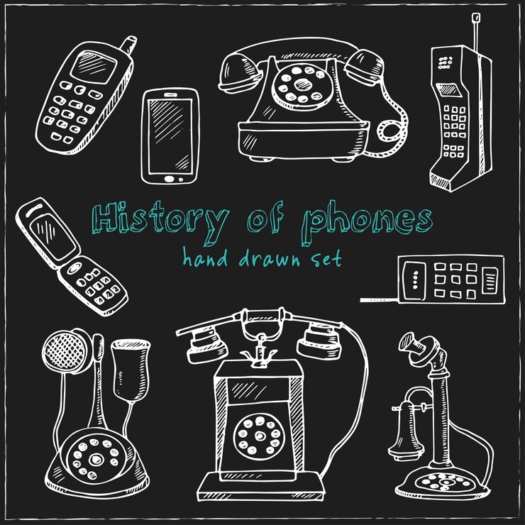 Geschiedenis van telefoons hand getrokken doodle set