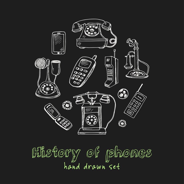Geschiedenis van telefoons hand getrokken doodle set