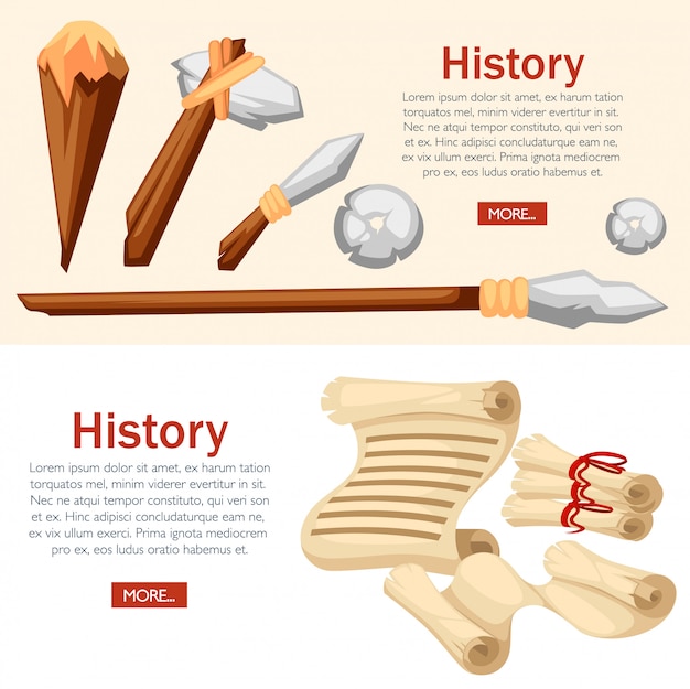 Geschiedenis webbanner concept. primitieve uitrustingsstukken uit de steentijd. middeleeuwse rollen. stijl illustratie op witte en beige achtergrond. plaats voor uw tekst. website-pagina en mobiele app