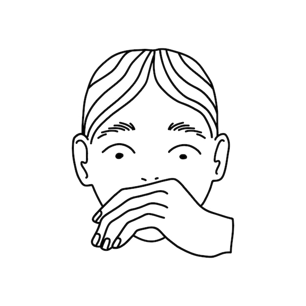 Vector geschokt doodle emotie gezicht van de vrouw bedekt met hand mond
