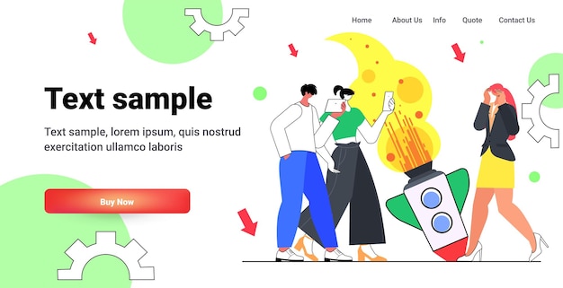 Vector geschokte zakenmensen die bijna vallen raketbedrijf opstart mislukt mislukte lancering mislukt projectconcept