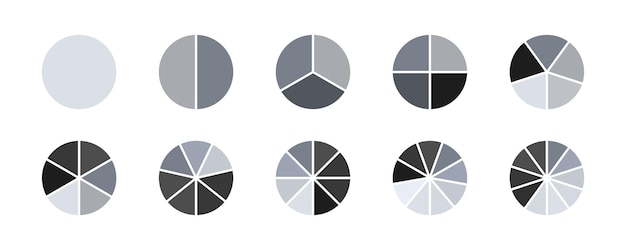 Gesegmenteerde cirkels ingesteld. Wiel ronde diagram deelset. Cirkel sectie grafiek lijntekeningen. Segment segment teken. Cirkeldiagram pictogram. Breuk grote reeks. 2,3,4,5,6 segmentinfographic. Vector.