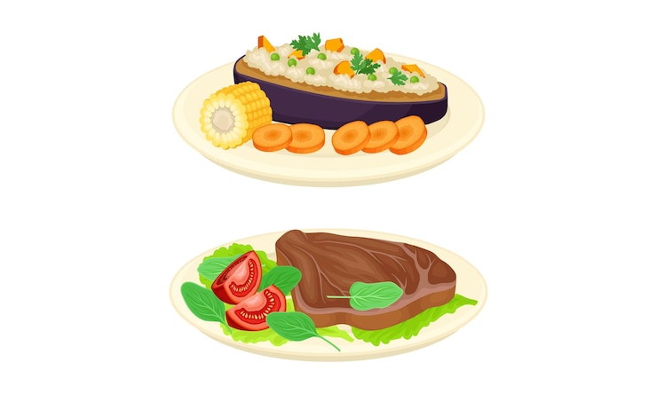 Vector geserveerd op bord met gevulde pap met aubergine en rundvlees steak vector set