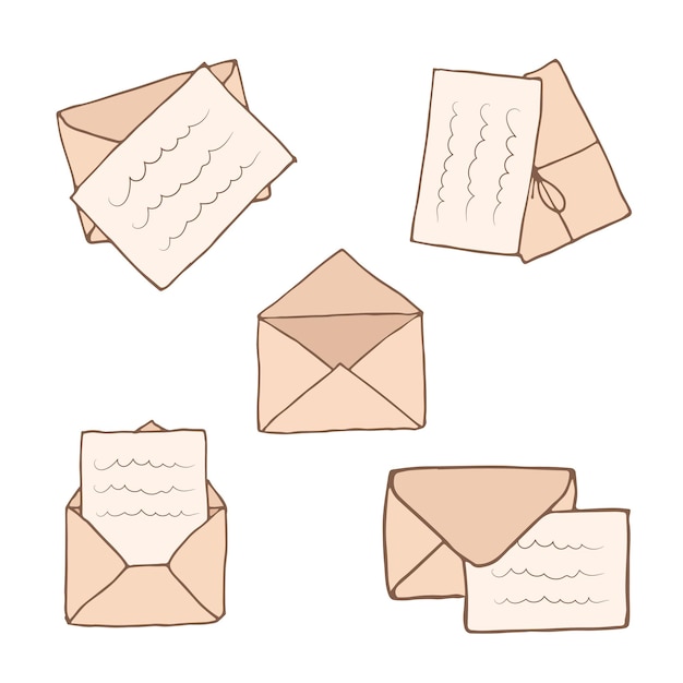 Vector gesloten envelop doodle icon set cartoon vectorillustratie met schets brief voor ontwerp voor een papieren hand getekende envelop platte postpictogram bruine brief in cartoon stijl