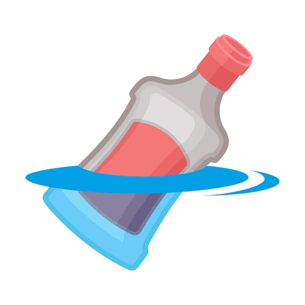 Vector gesloten glazen fles met een rood label drijft in het water. vectorillustratie op witte achtergrond