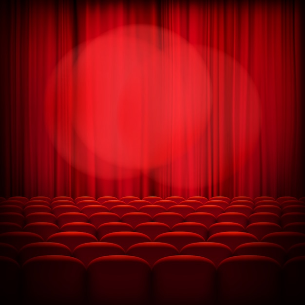 Vector gesloten theater rode gordijnen met schijnwerpers en stoelen.